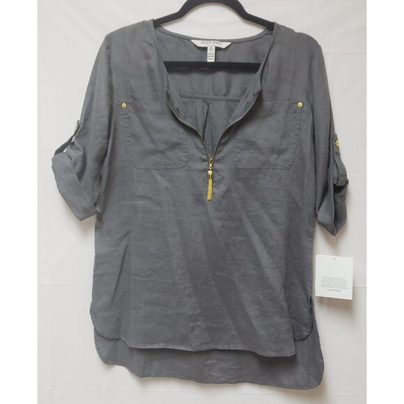 Women’s Ellen Tracy Gray 100% Linen Roll Tab Sleeve Zipper Front Blouse Sz S NWT - Picture 1 of 14